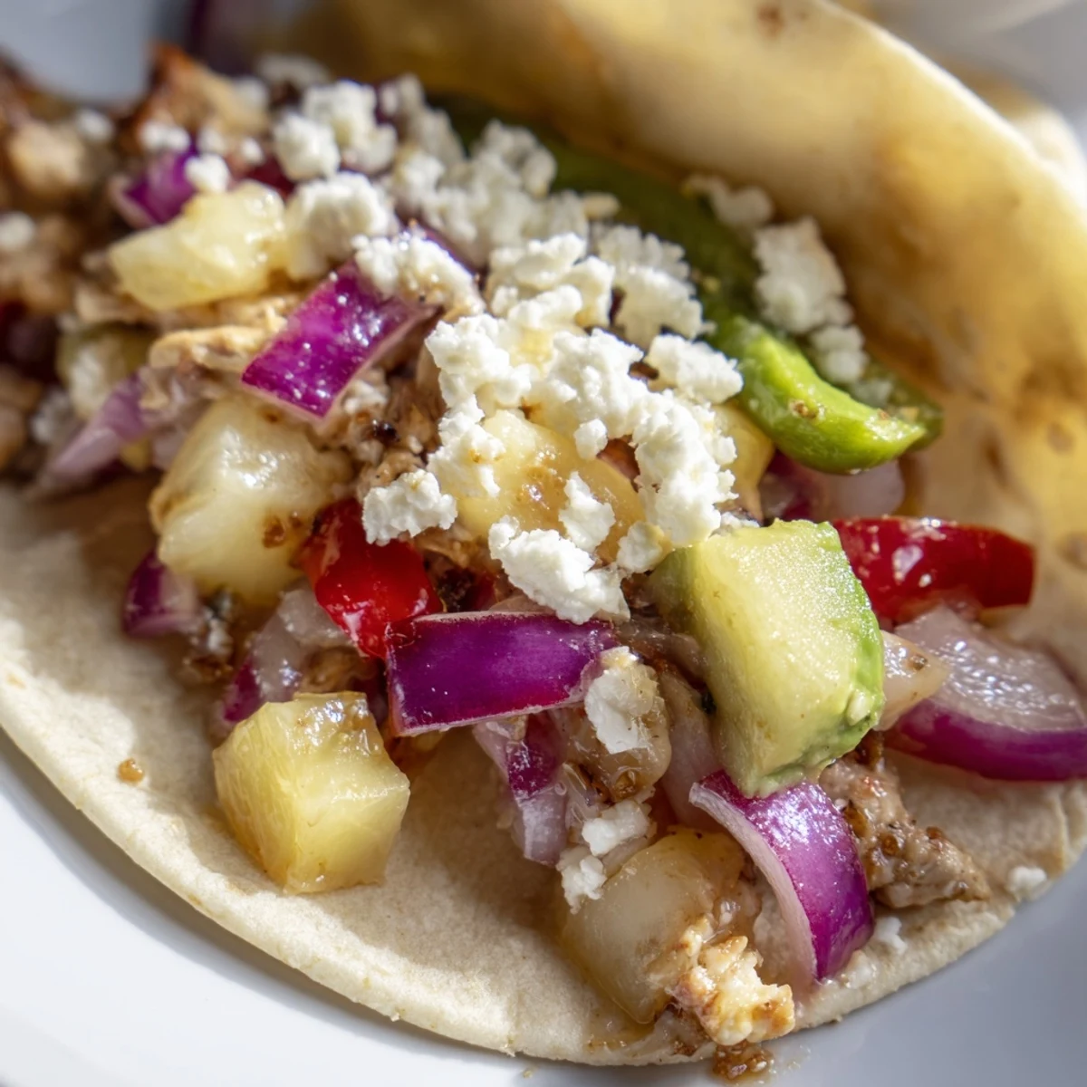Vibrant one pan chicken and pineapple tacos topped with fresh cilantro and lime.