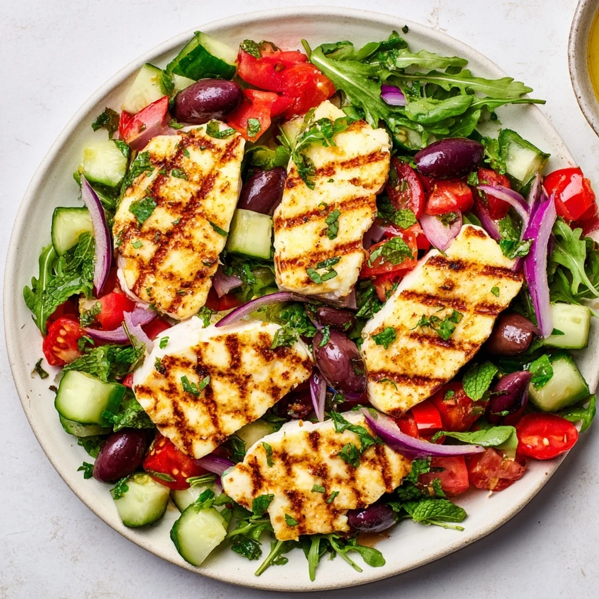Golden grilled halloumi served atop a fresh Mediterranean salad with colorful vegetables  