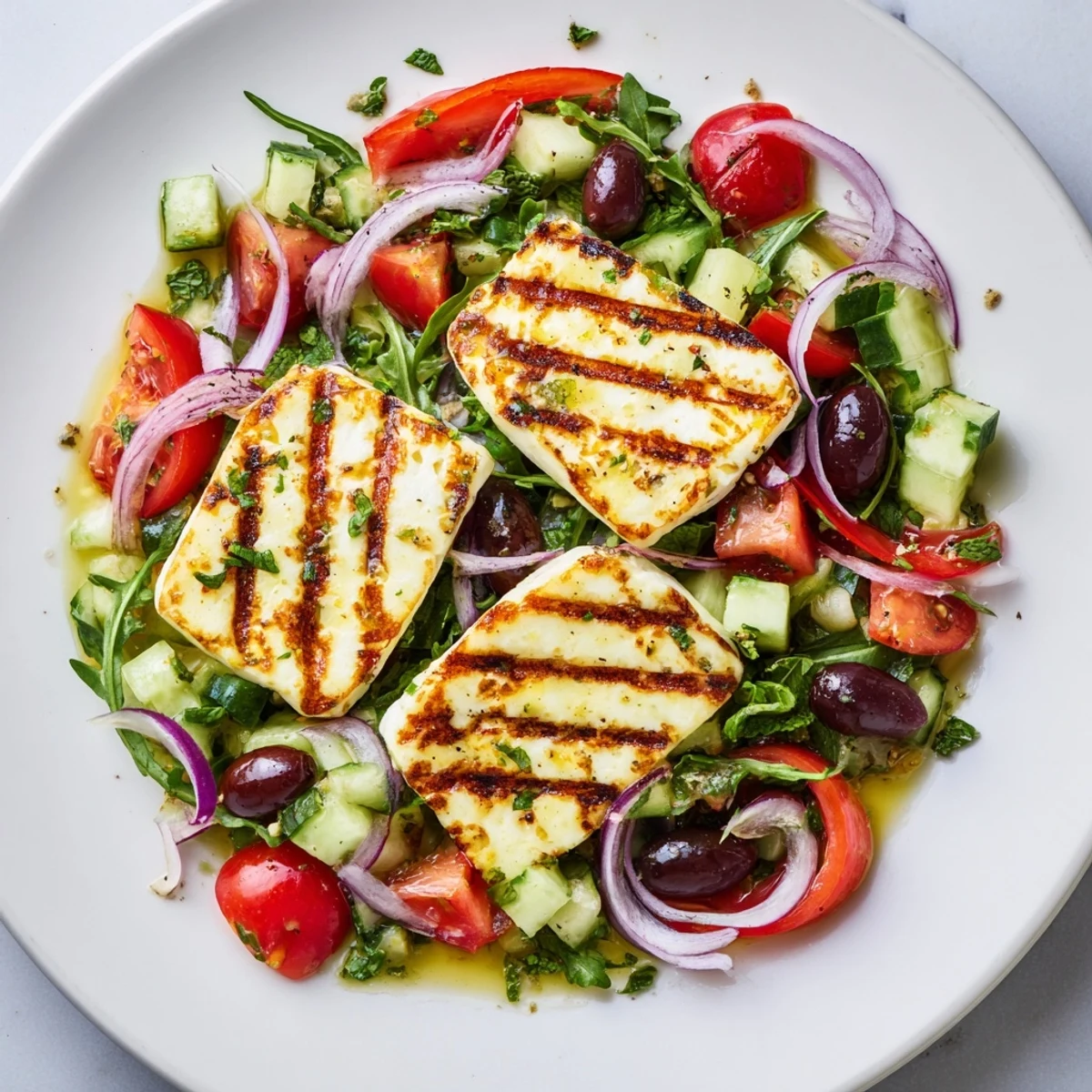Warm grilled halloumi slices garnished with herbs on a bed of crisp salad  