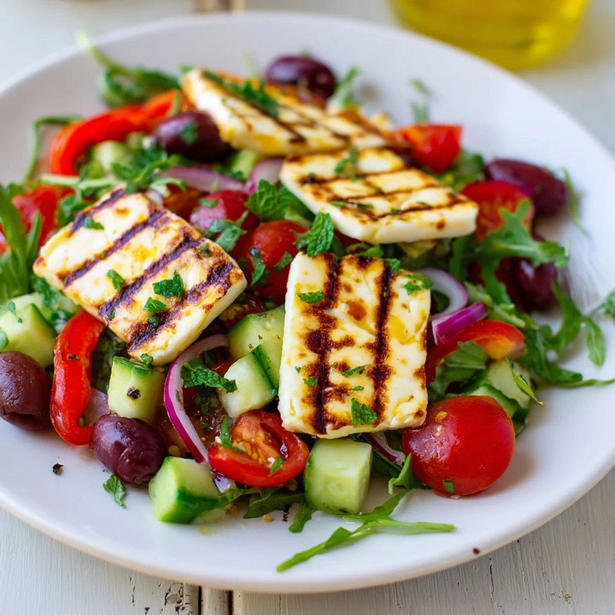Vibrant Mediterranean salad topped with salty grilled halloumi and juicy cherry tomatoes