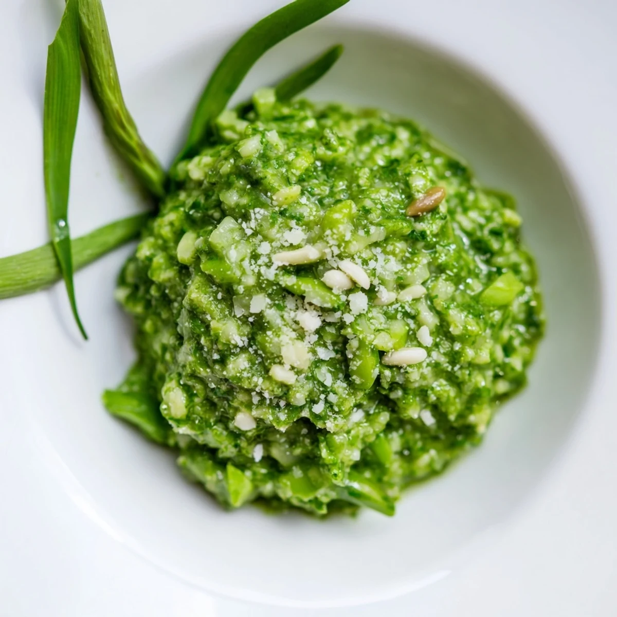 Vibrant garlic scape pesto drizzled over fresh pasta with basil garnish  