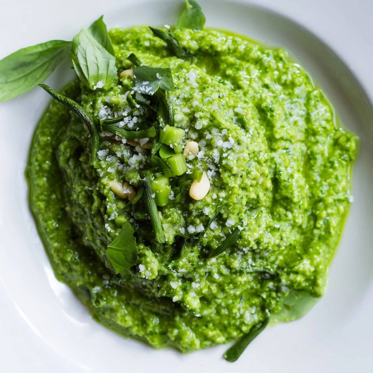 Homemade garlic scape pesto in a jar ready for dipping vegetables