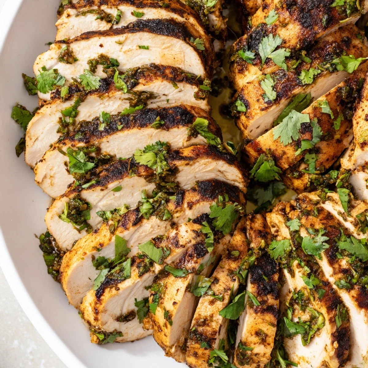 Grilled Cilantro Lime Chicken garnished with fresh lime wedges and cilantro.  