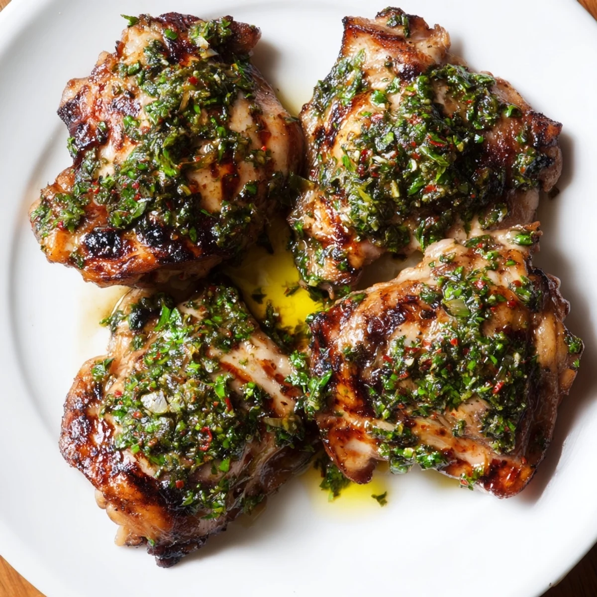 Golden grilled Chimichurri Chicken Thighs glazed in vibrant green herb sauce.  