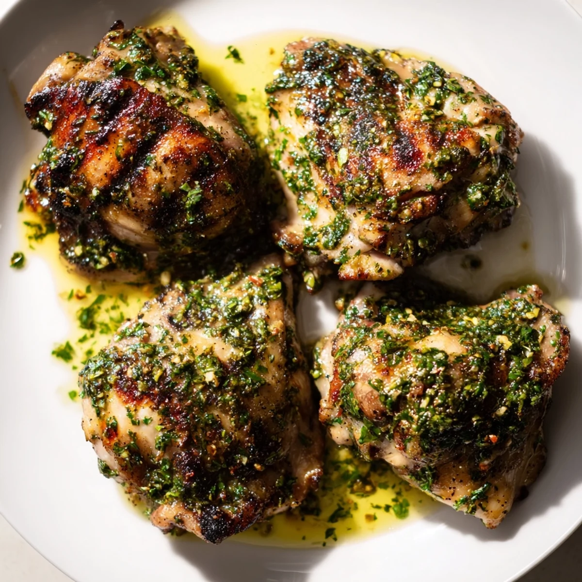 Perfectly grilled Chimichurri Chicken Thighs topped with fresh, garlicky chimichurri marinade.