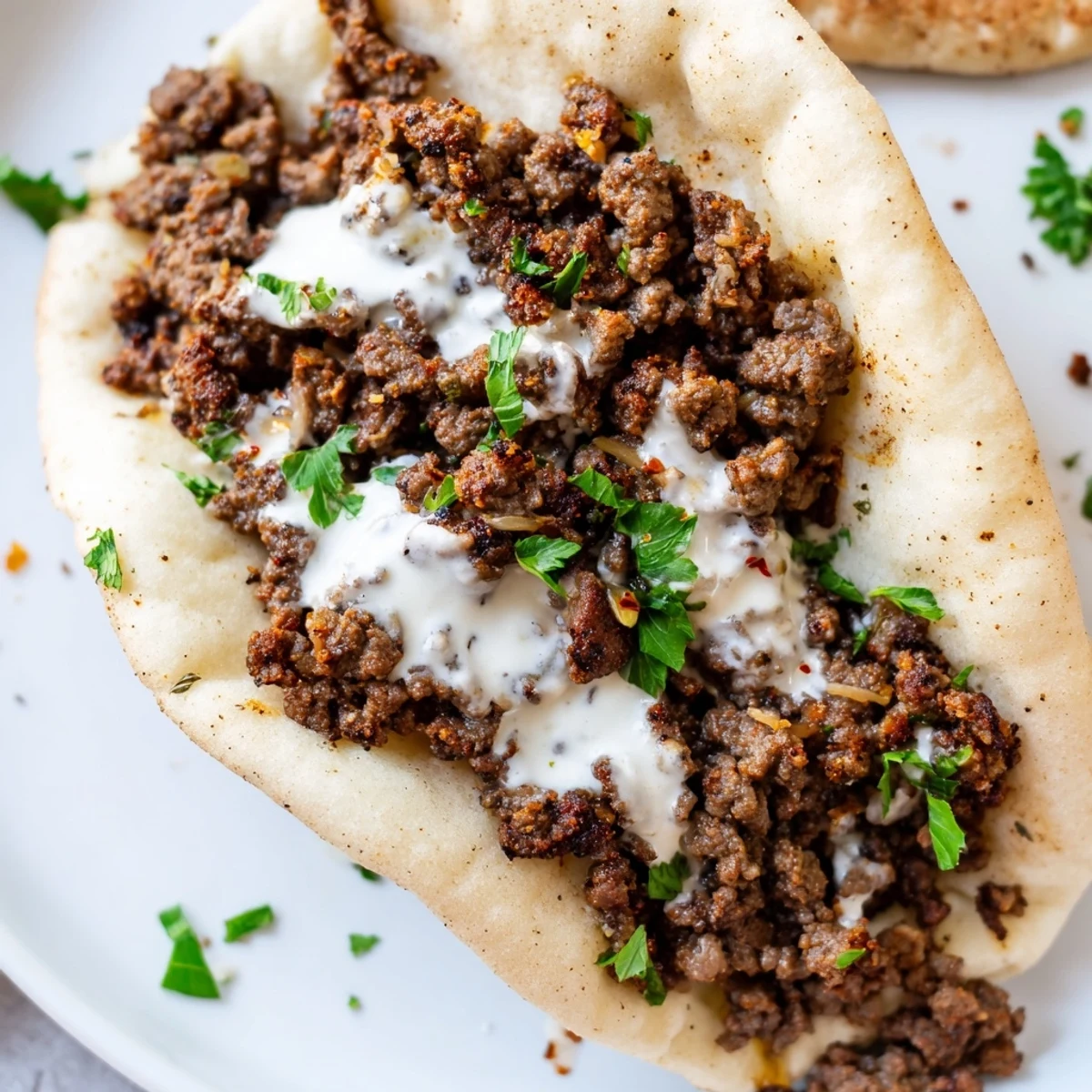 Golden Mediterranean ground beef pita pockets stuffed with crisp veggies and tangy yogurt sauce.  