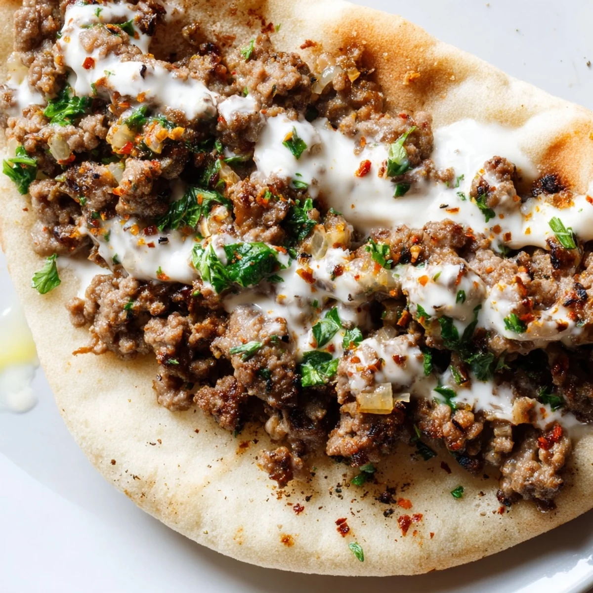 Warm pita bread filled with spiced Mediterranean ground beef and fresh salad for easy dinner.  