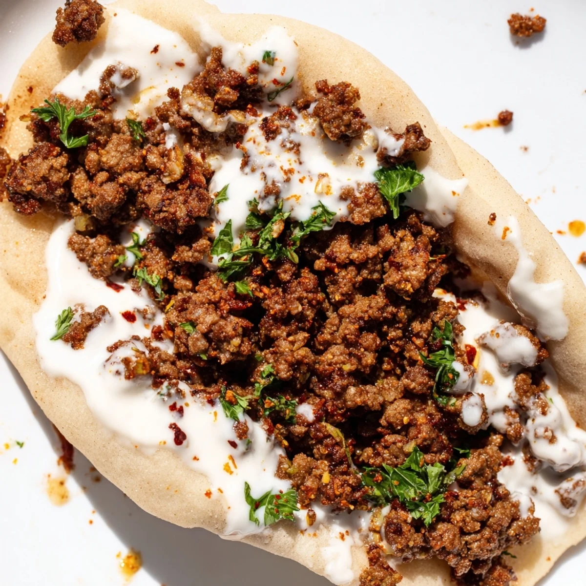Delicious Mediterranean ground beef pita pockets drizzled with creamy yogurt sauce and herbs.