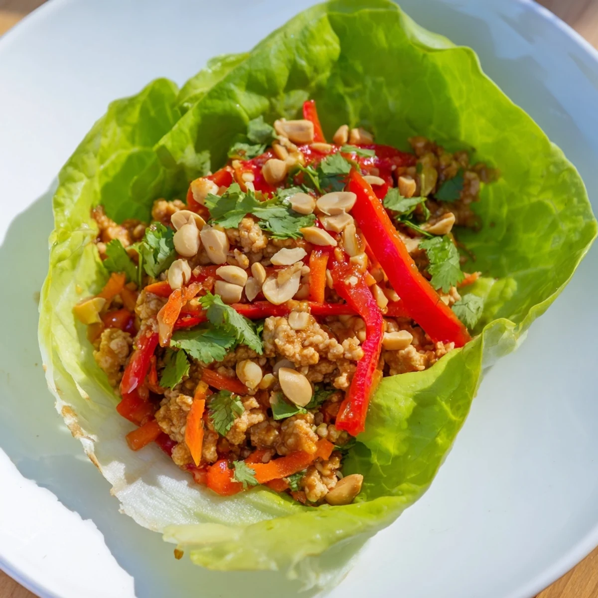 Savory Thai chicken lettuce wraps topped with peanuts and fresh herbs.