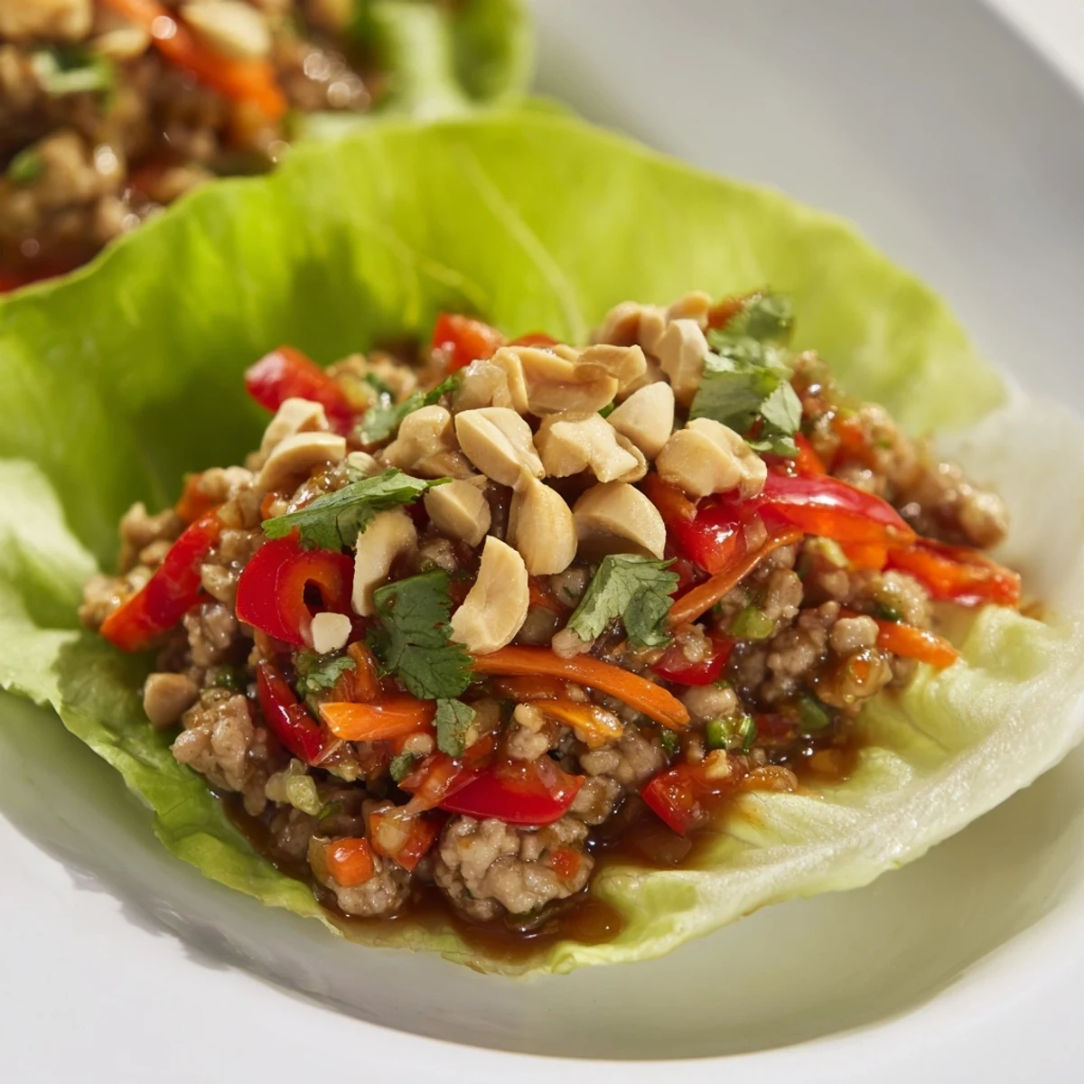 Colorful Thai chicken lettuce wraps garnished with mint, cilantro, and lime.
