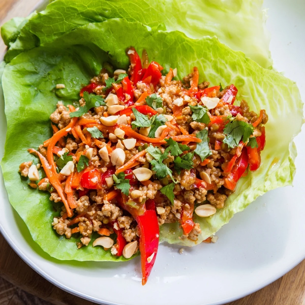 Crisp butter lettuce cups filled with spicy minced Thai chicken mixture.