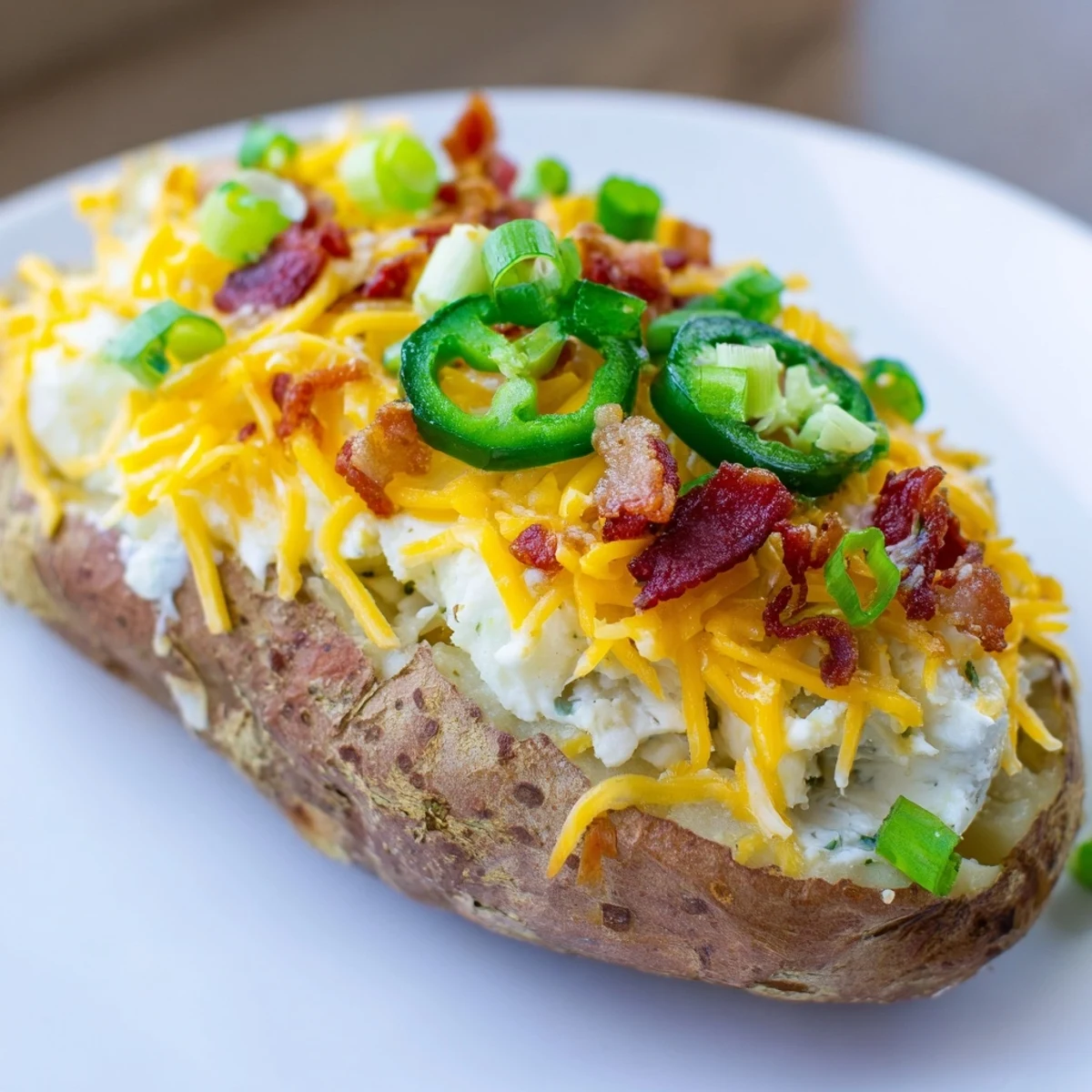 Golden brown jalapeno popper twice baked potatoes topped with melted cheddar cheese.  