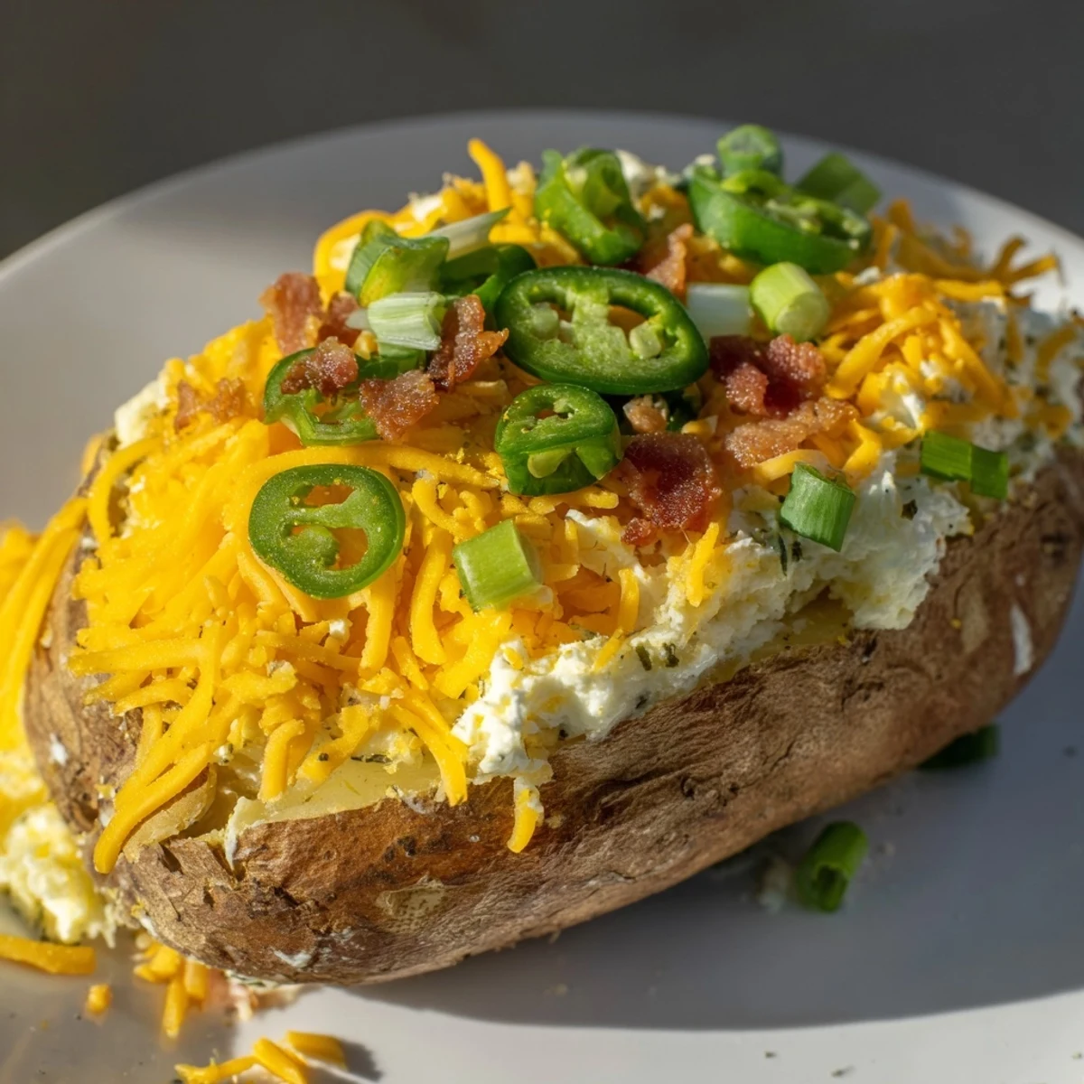 Crispy potato skins stuffed with spicy jalapeno popper filling and garnished with chives.  