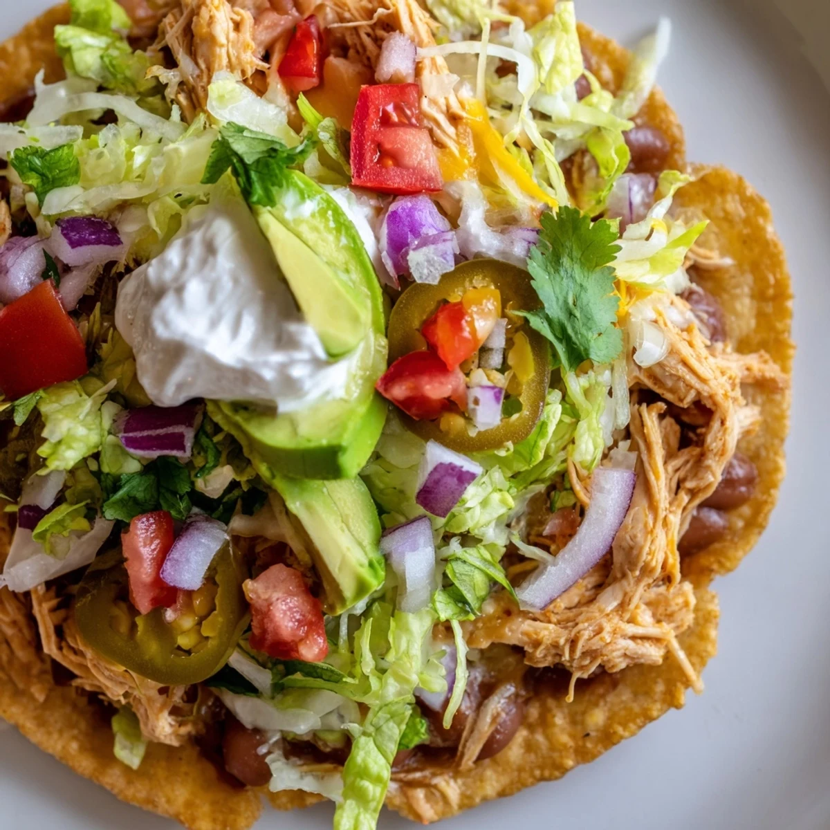 Crispy chicken tostadas piled high with fresh veggies, cheese, and creamy sour cream  