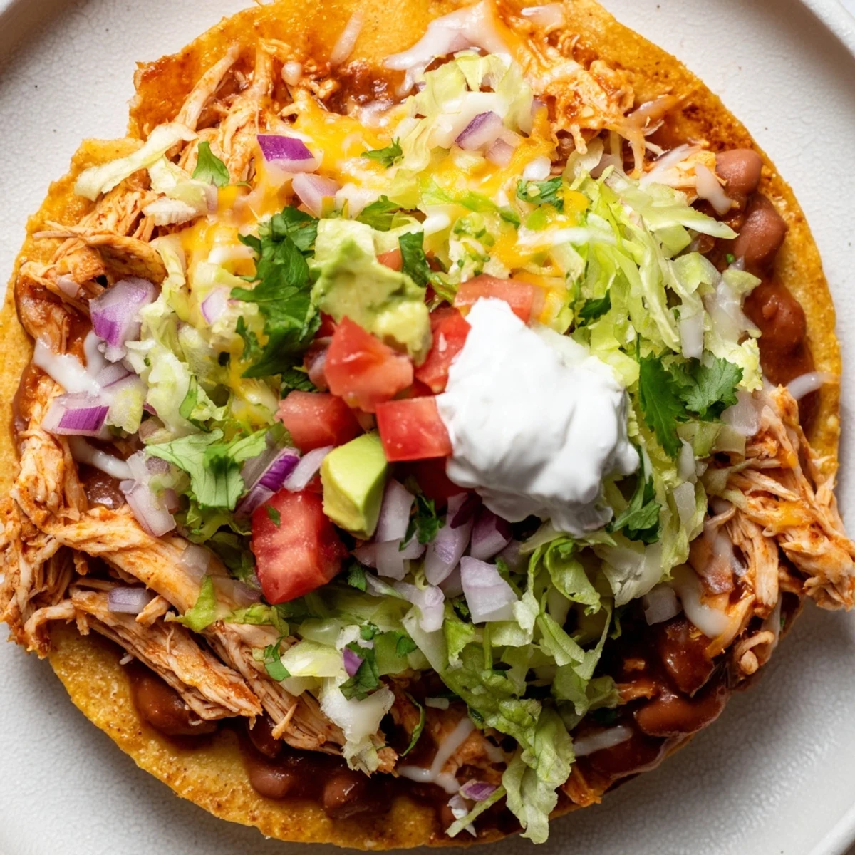 Delicious chicken tostadas served on crunchy shells with beans, cheese, and vibrant toppings