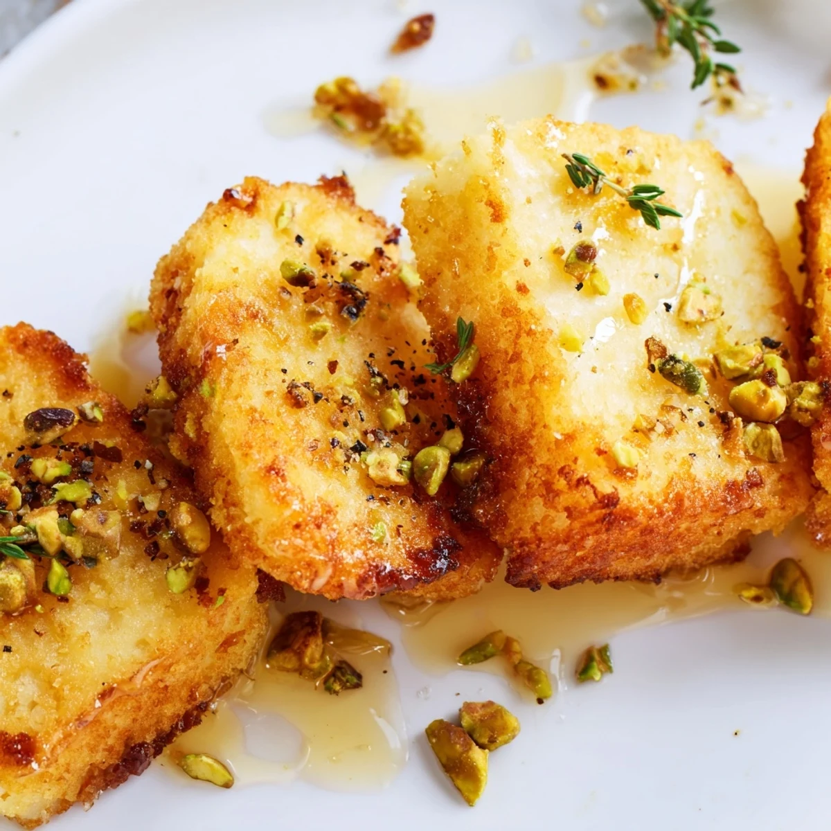 Crispy Honey Halloumi topped with fresh herbs and served warm on a plate.  