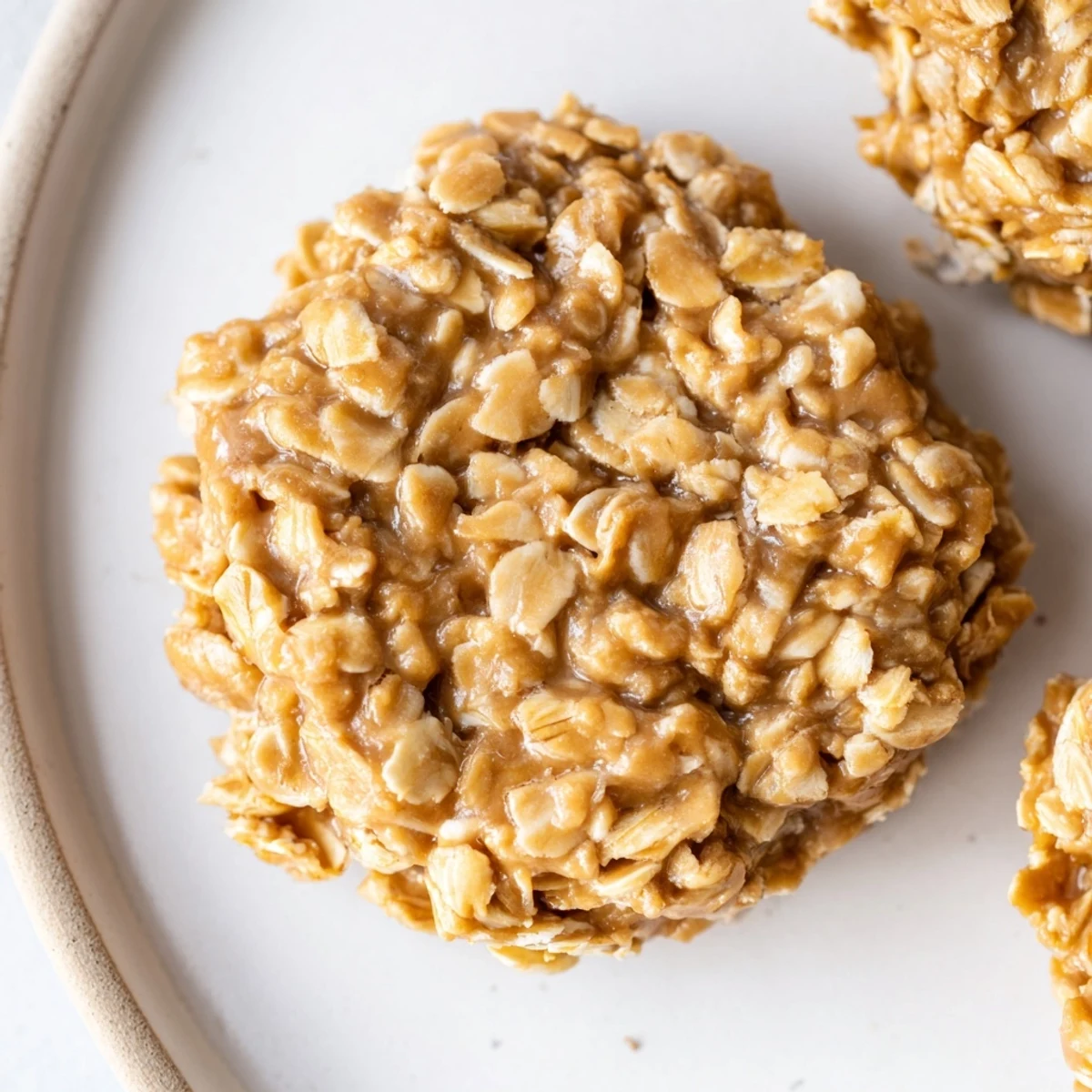 Golden peanut butter no bake cookies stacked on a white plate.  