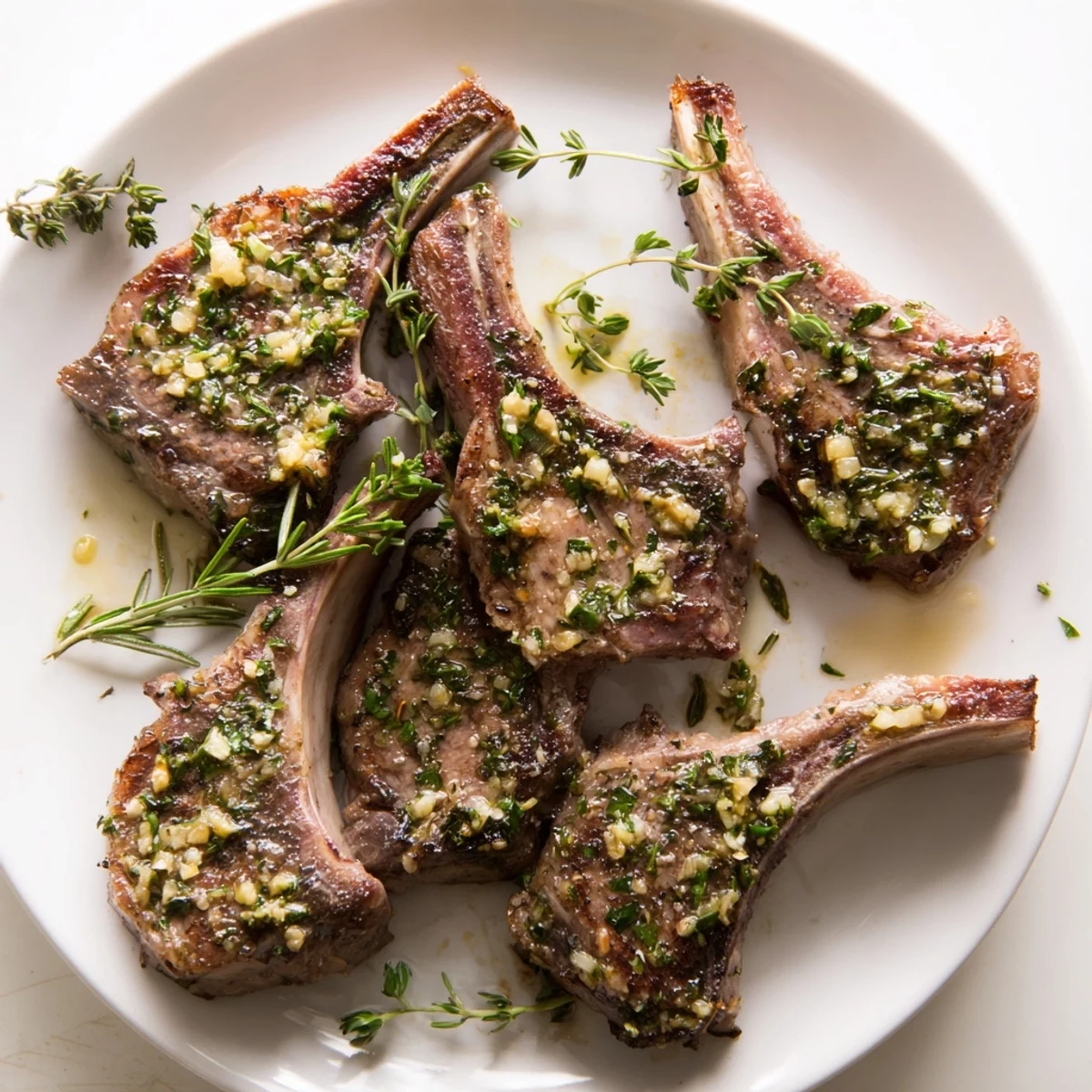 Golden herb garlic lamb chops seared to juicy perfection on a white plate  