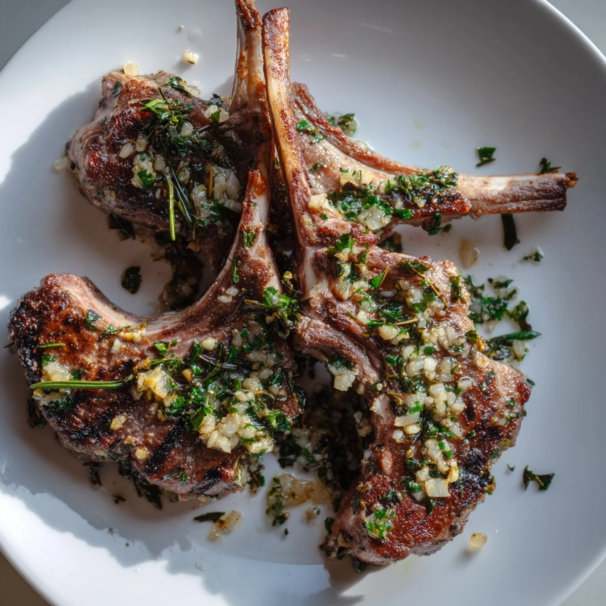 Pan-seared lamb chops topped with fresh herbs and garlic, ready for dinner  