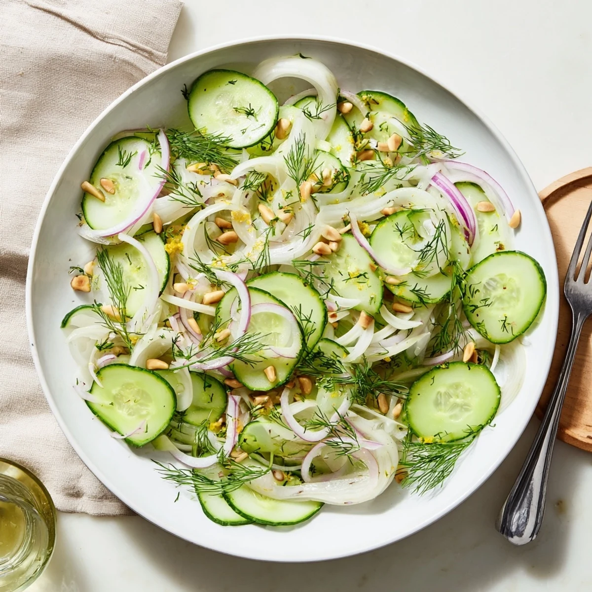 Refreshing bowl of crisp fennel cucumber salad drizzled with lemon and olive oil  