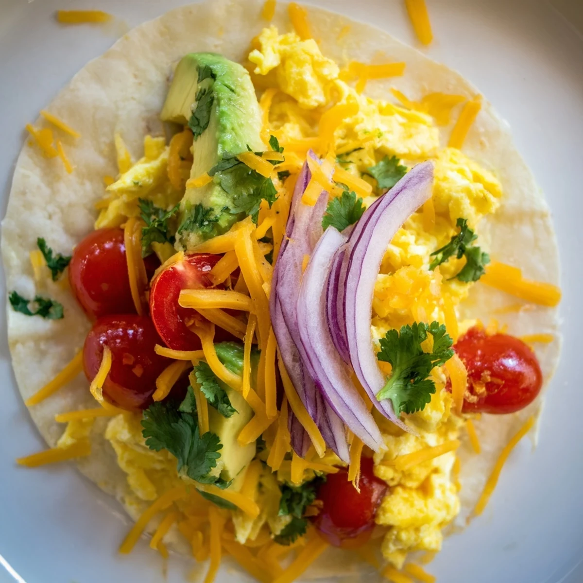 Soft tortillas filled with fluffy scrambled eggs and fresh avocado in this breakfast tacos recipe  