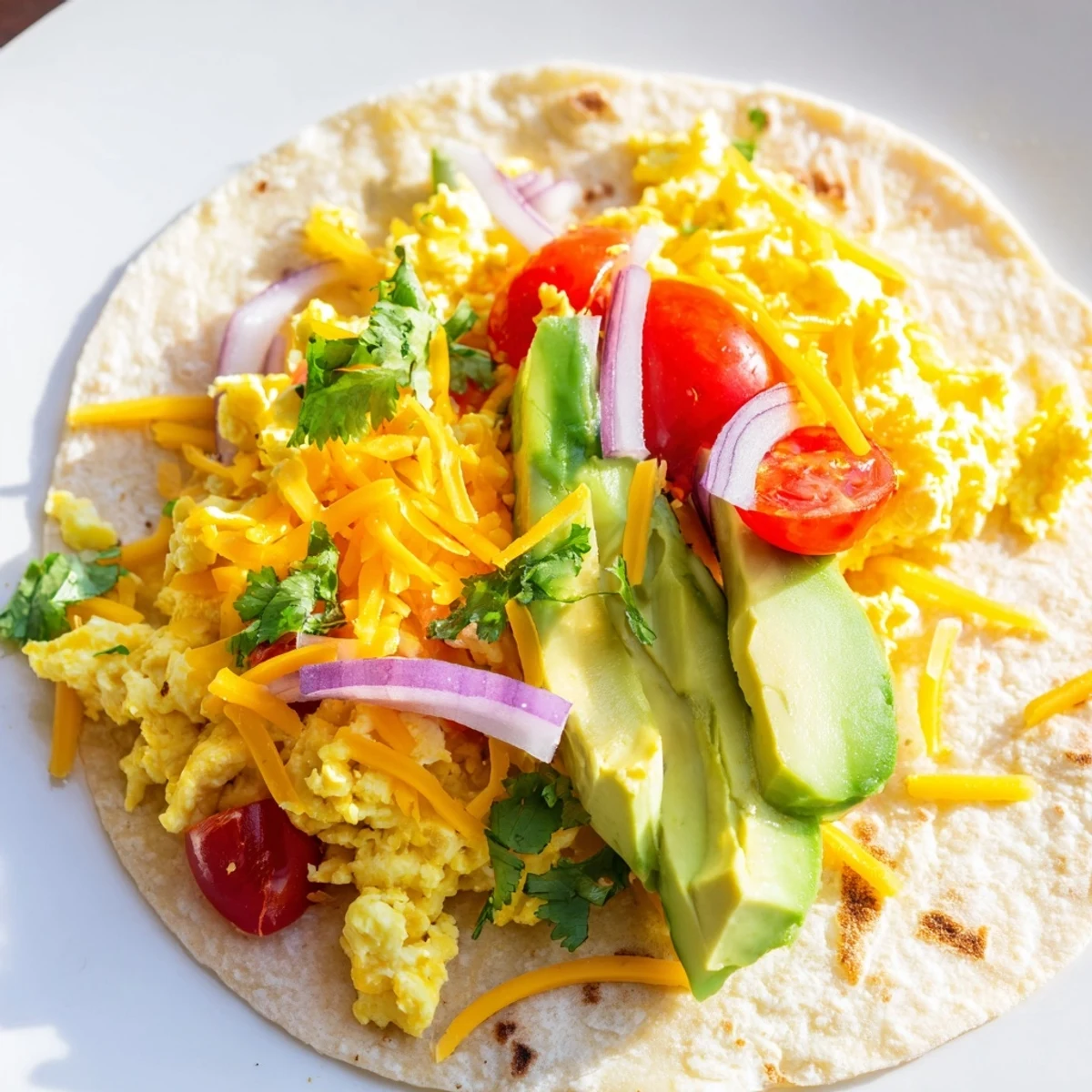 Warm breakfast tacos recipe topped with cheddar cheese, tomatoes, and cilantro on a plate  