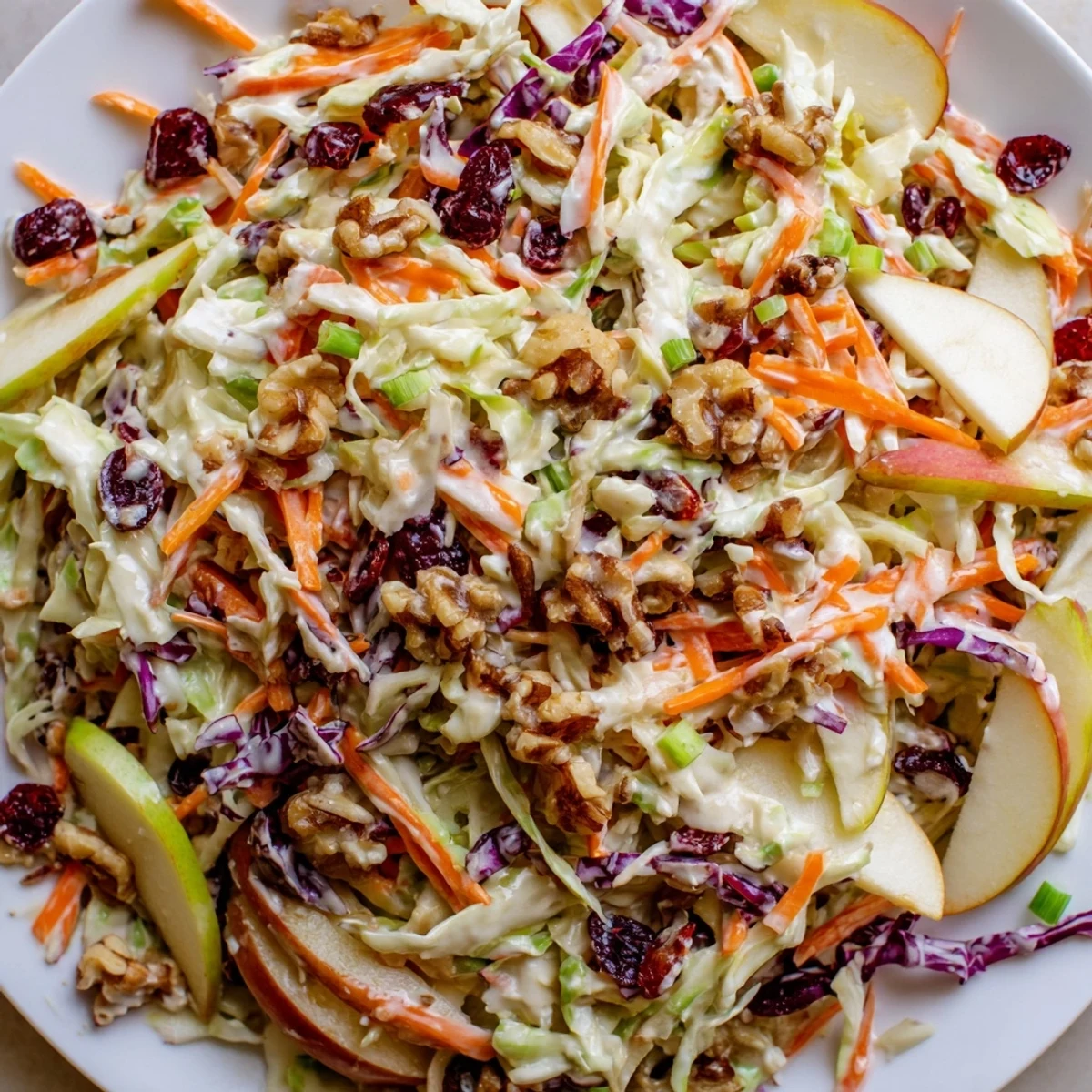 Refreshing cranberry apple coleslaw served chilled with tangy cranberries and sweet julienne apples.