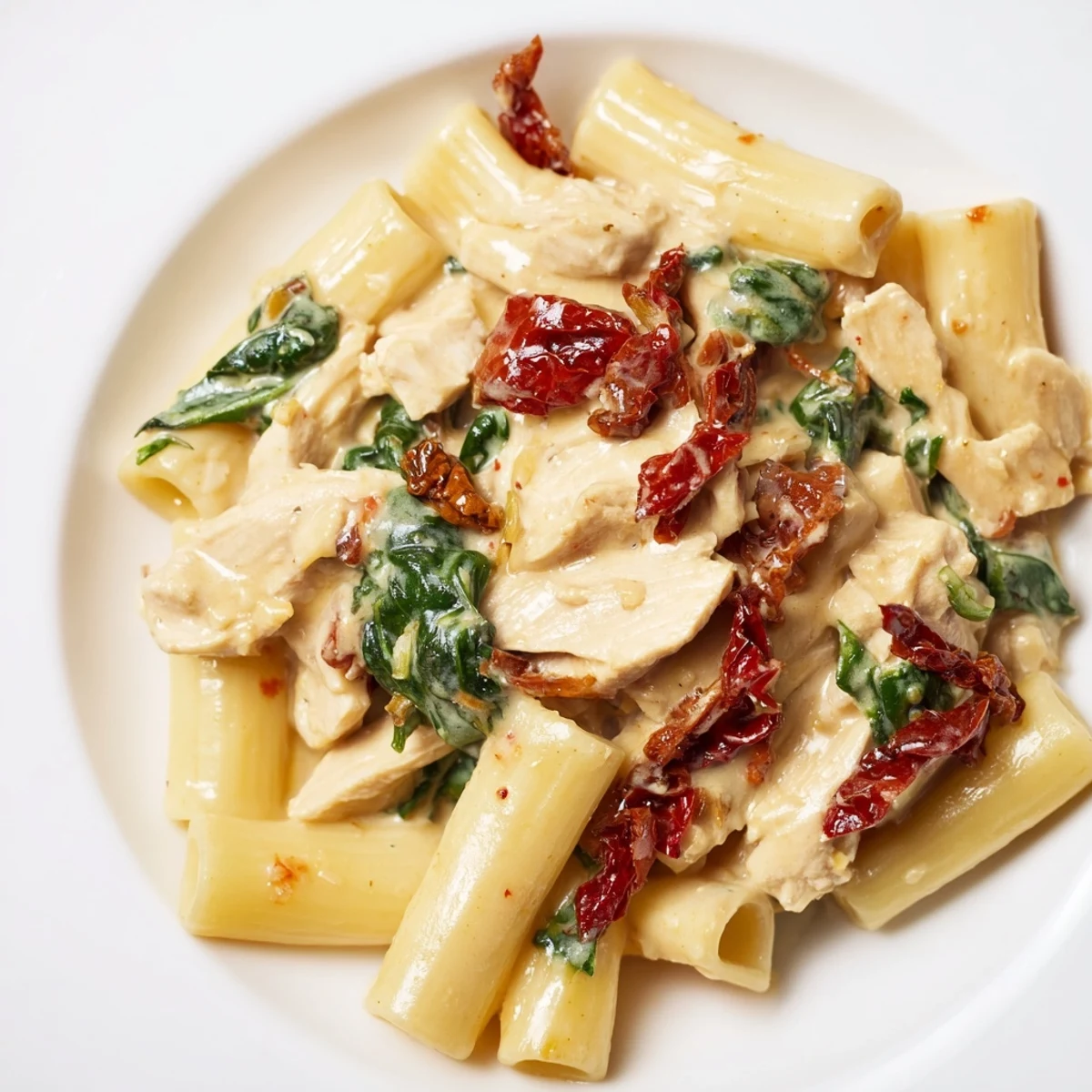 Golden Tuscan chicken pasta in a rich creamy sauce with spinach.  