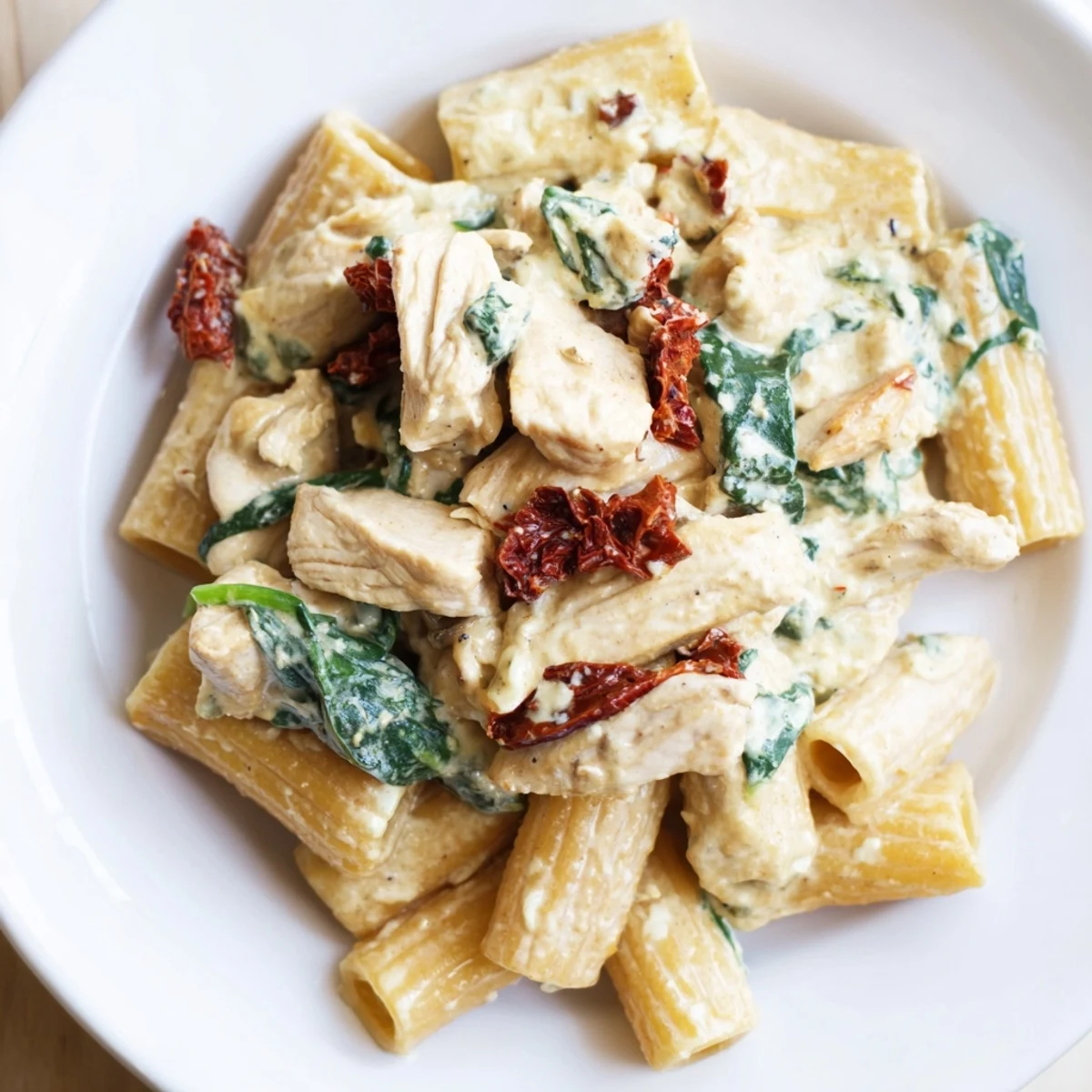One pan Tuscan chicken pasta with sun-dried tomatoes and parmesan sauce.  