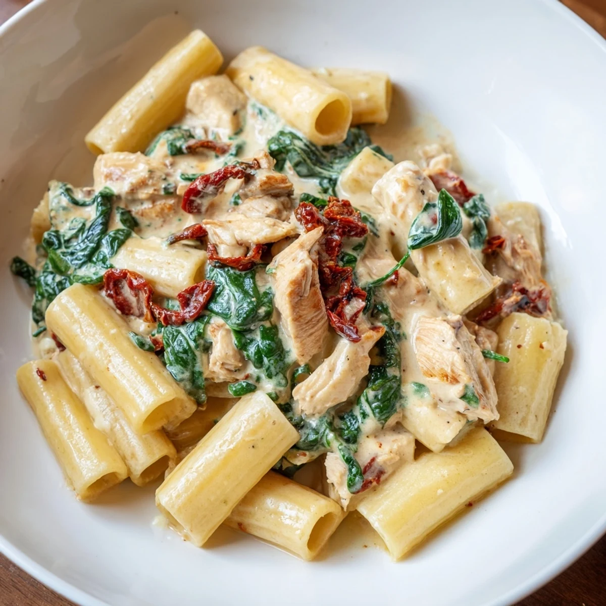 Creamy Tuscan chicken pasta dish topped with wilted spinach and red pepper flakes.