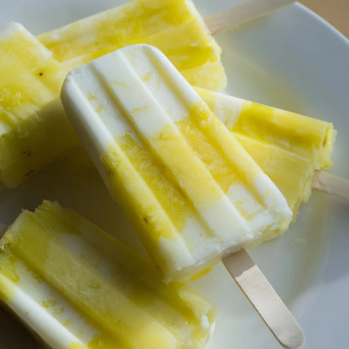 Zesty lime accents garnish these dairy-free Pineapple Coconut Lime Popsicles on a stick