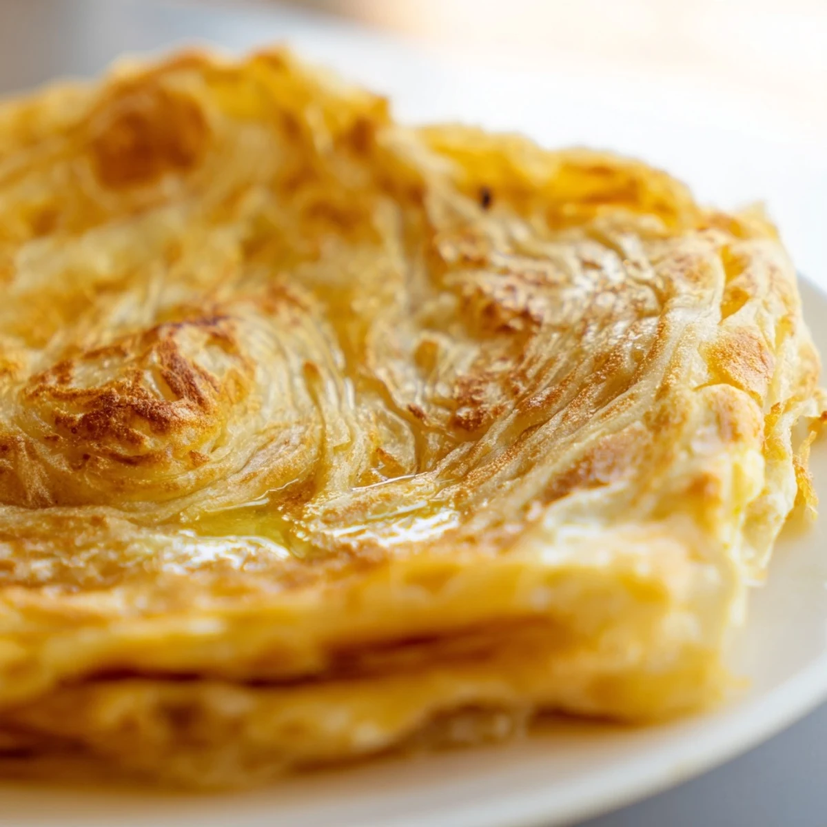 Delicious Malaysian Roti Canai flatbread stacked high with rich, golden folds.