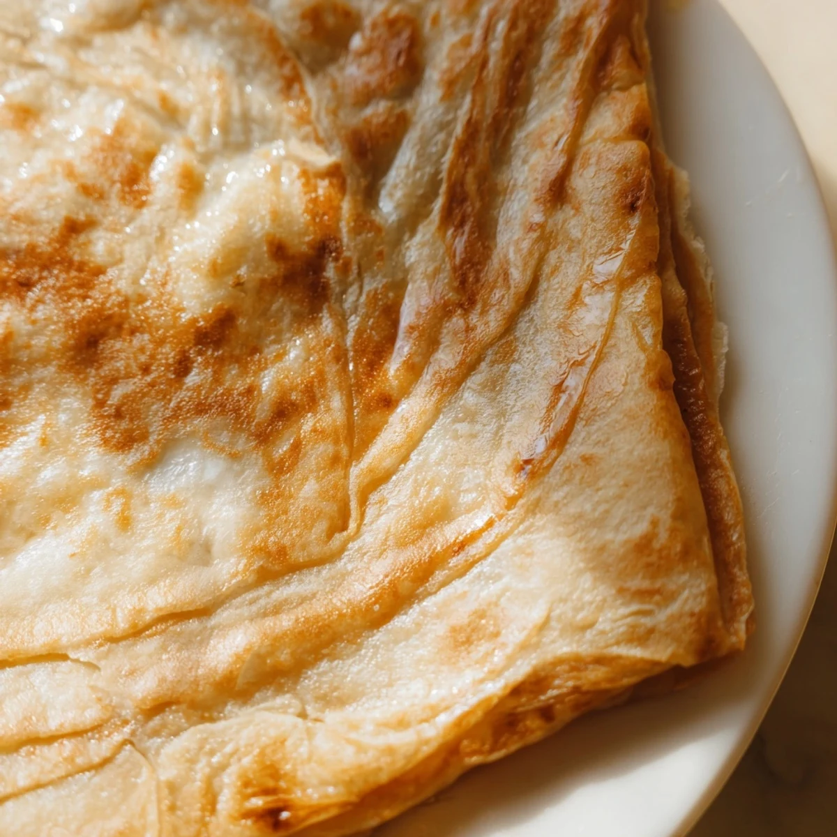 Hand-stretched Roti Canai displaying crispy layers and a soft, buttery texture.  