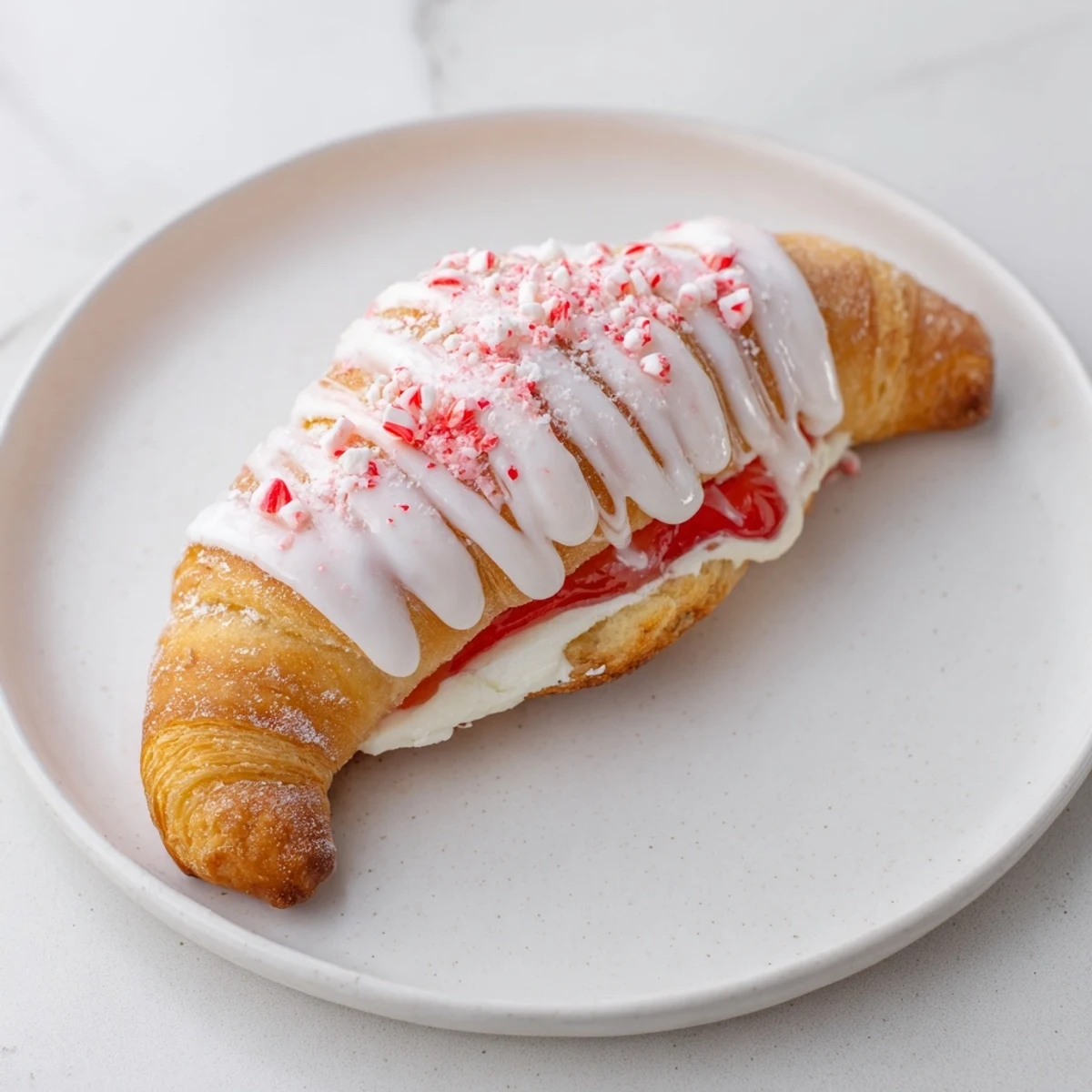 Golden Candy Cane Crescent pastry drizzled with white icing and peppermint bits  