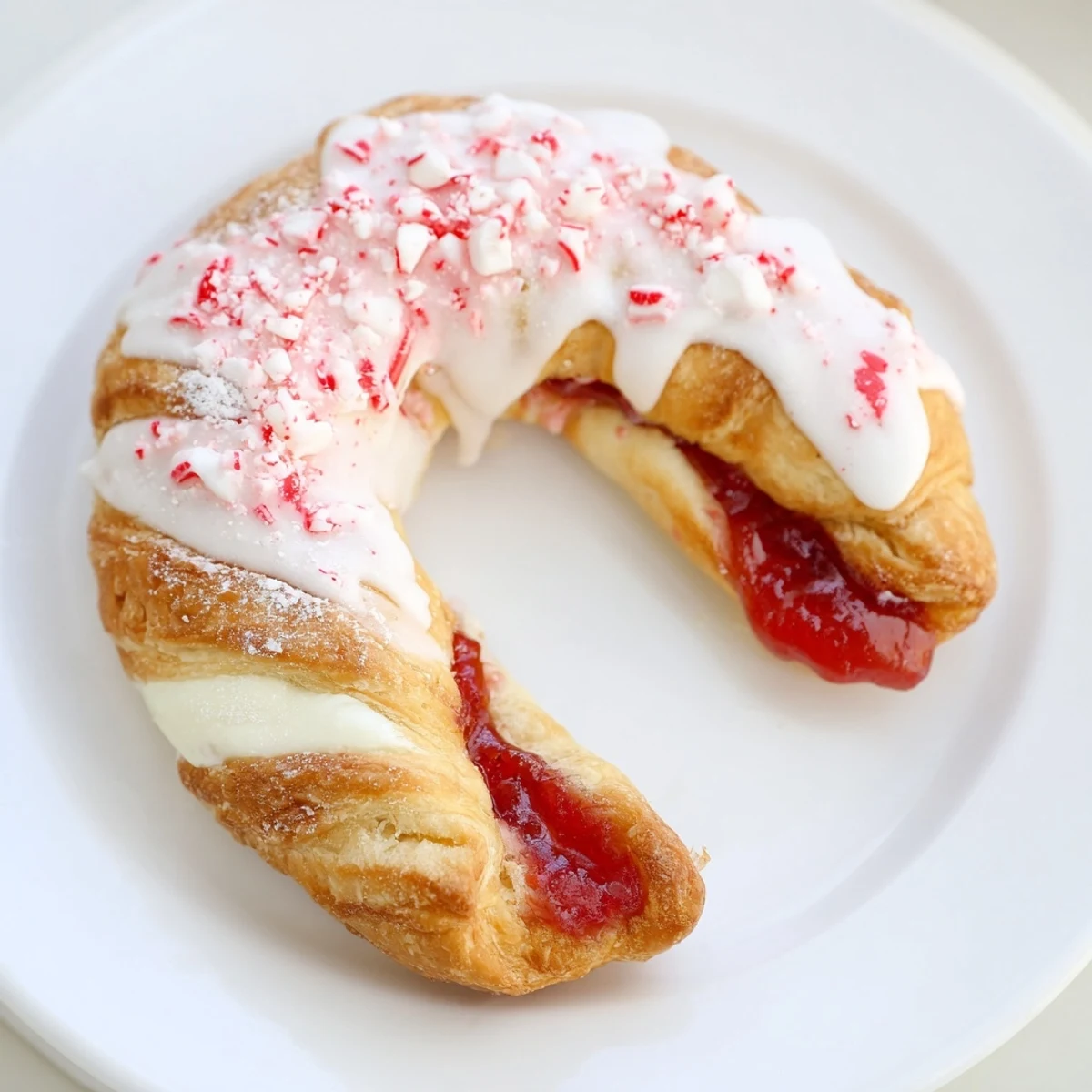 Festive Candy Cane Crescent filled with creamy cheese and sweet strawberry jam  