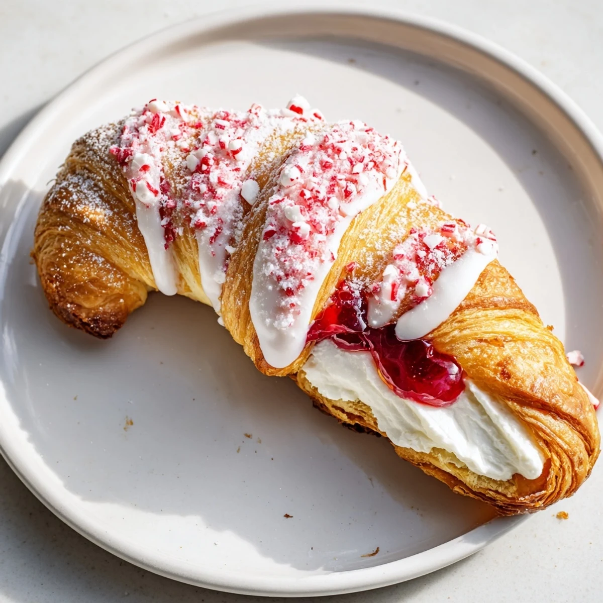 Warm holiday breakfast pastry shaped like a candy cane with red sprinkles