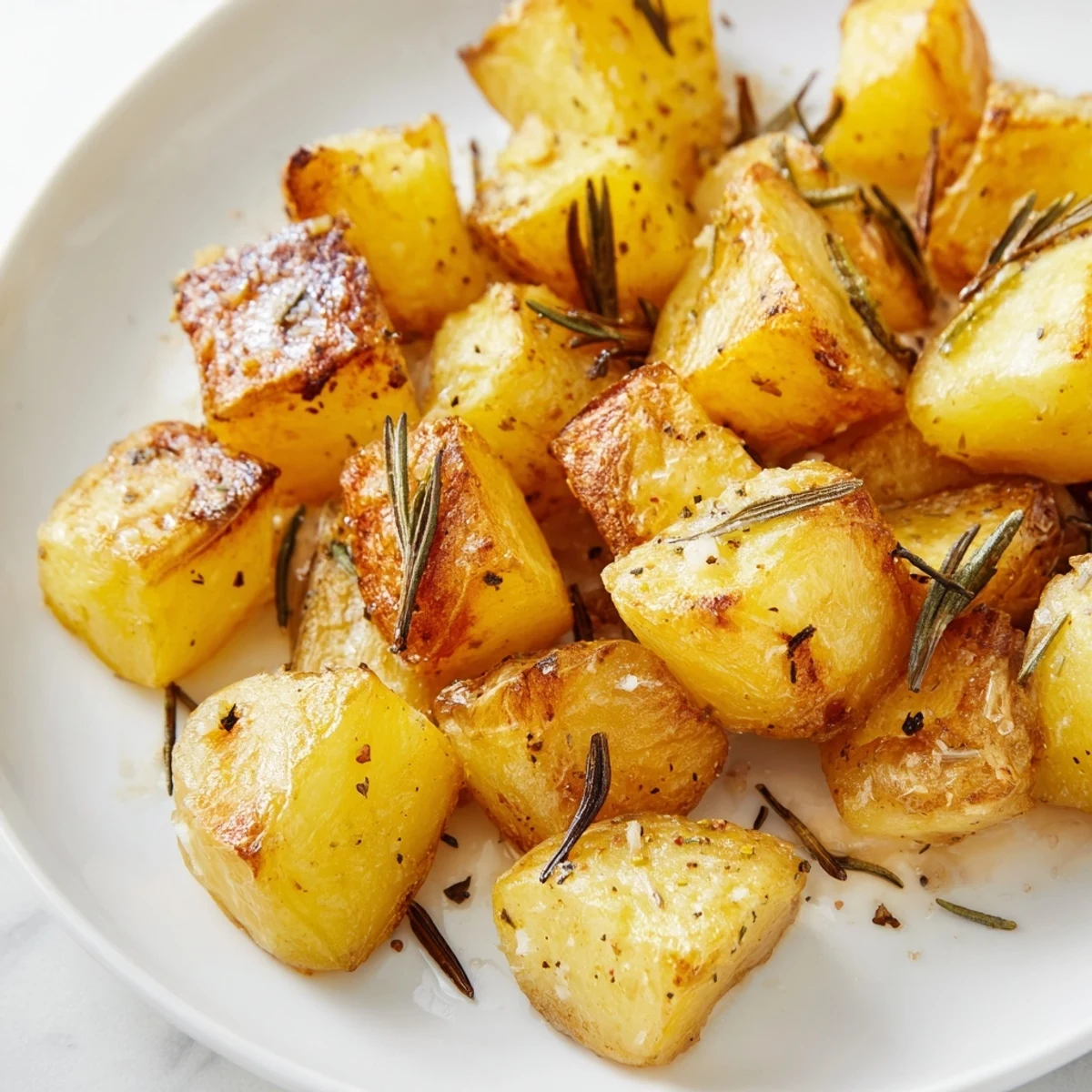 Perfectly seasoned roasted potatoes scattered on a baking sheet with fresh herbs  