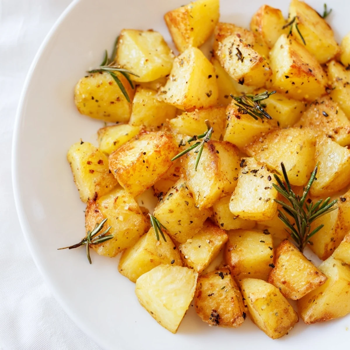 Golden crispy roasted potatoes with fluffy interiors served on a white plate  