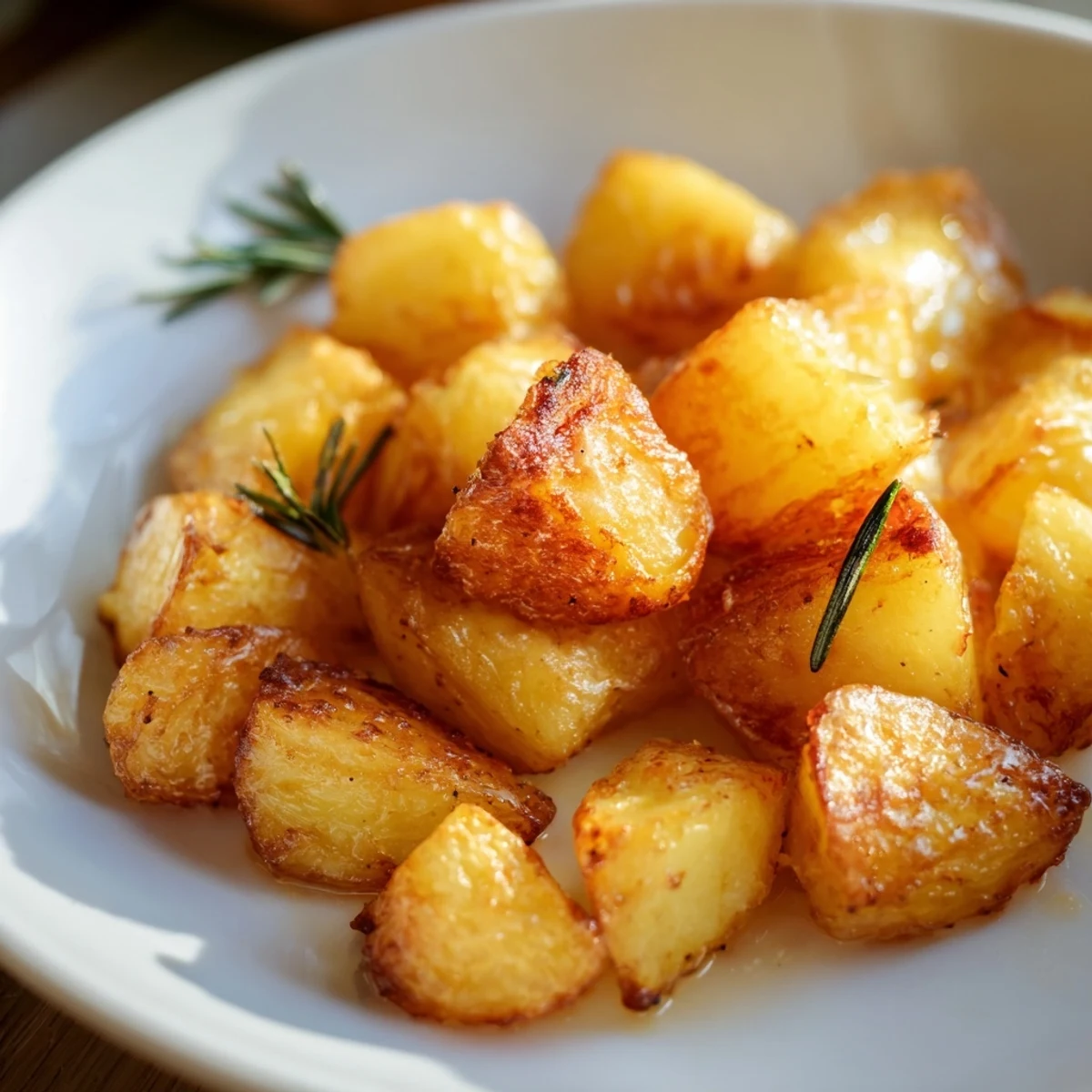 A bowl of roasted potatoes featuring crispy skins and tender golden flesh