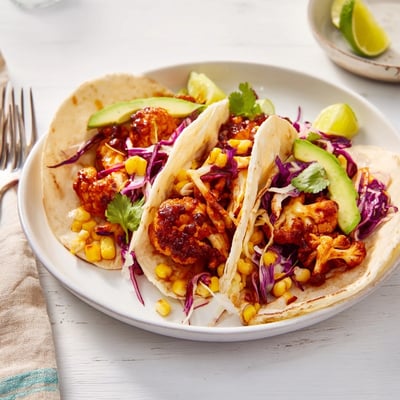 Mouthwatering vegan tacos: golden BBQ Cauliflower & Sweet Corn Tacos with fresh slaw and avocado.