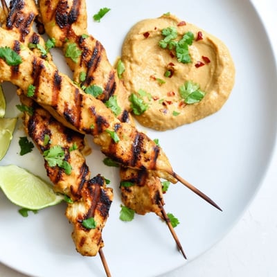 The photo shows delicious, fragrant Grilled Chicken Satay, garnished with fresh cilantro and vibrant lime wedges.