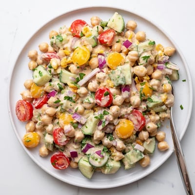 Fresh Curried Chickpea Salad served in a rustic bowl, garnished with cilantro and ready for a light lunch.