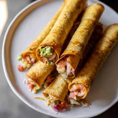 A close-up of Crispy Shrimp Avocado Taquitos topped with fresh cilantro and lime wedges.  