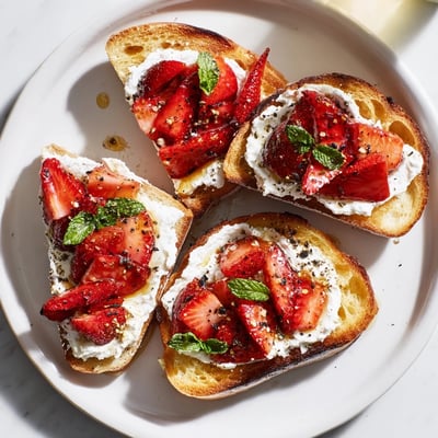 Golden toast topped with creamy whipped ricotta and syrupy roasted strawberries garnished with mint.