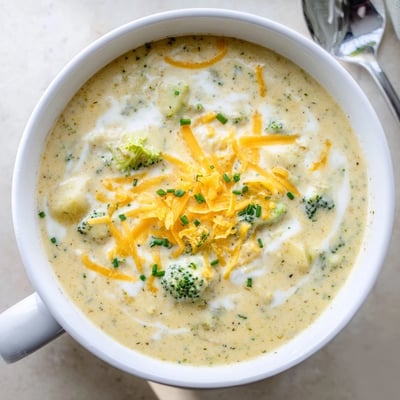 Steam rises from a ladle of Creamy Cheesy Broccoli Potato Soup beside crusty bread on a cozy dinner table.