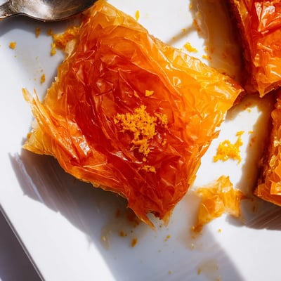 Portokalopita is served chilled with creamy vanilla ice cream for a sweet, refreshing finish.