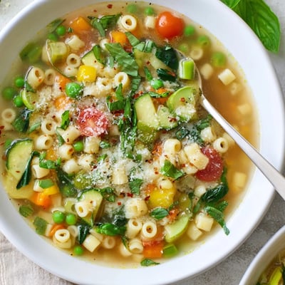 Ladle pouring Spring Minestrone Soup Recipe into bowl, Parmesan sprinkled.