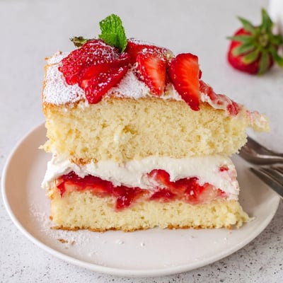 Chilled Strawberries And Cream Sponge Cake sliced beside tea, mint garnish visible.