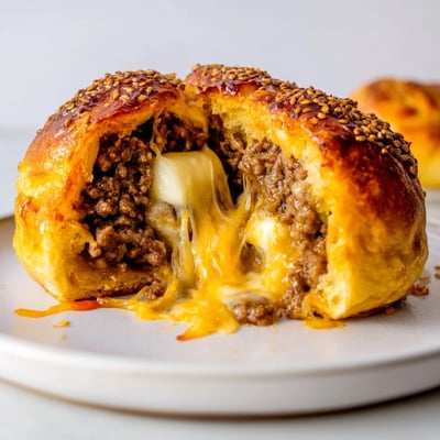Baked Cheesy Cheeseburger Bombs brushed with egg wash, sesame seed crunch