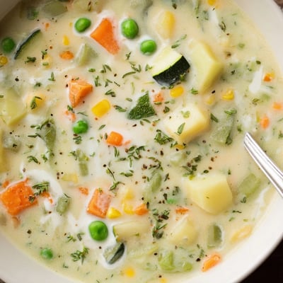 Homemade Creamy Vegetable Soup Recipe ladled over crusty bread for cozy dinners.